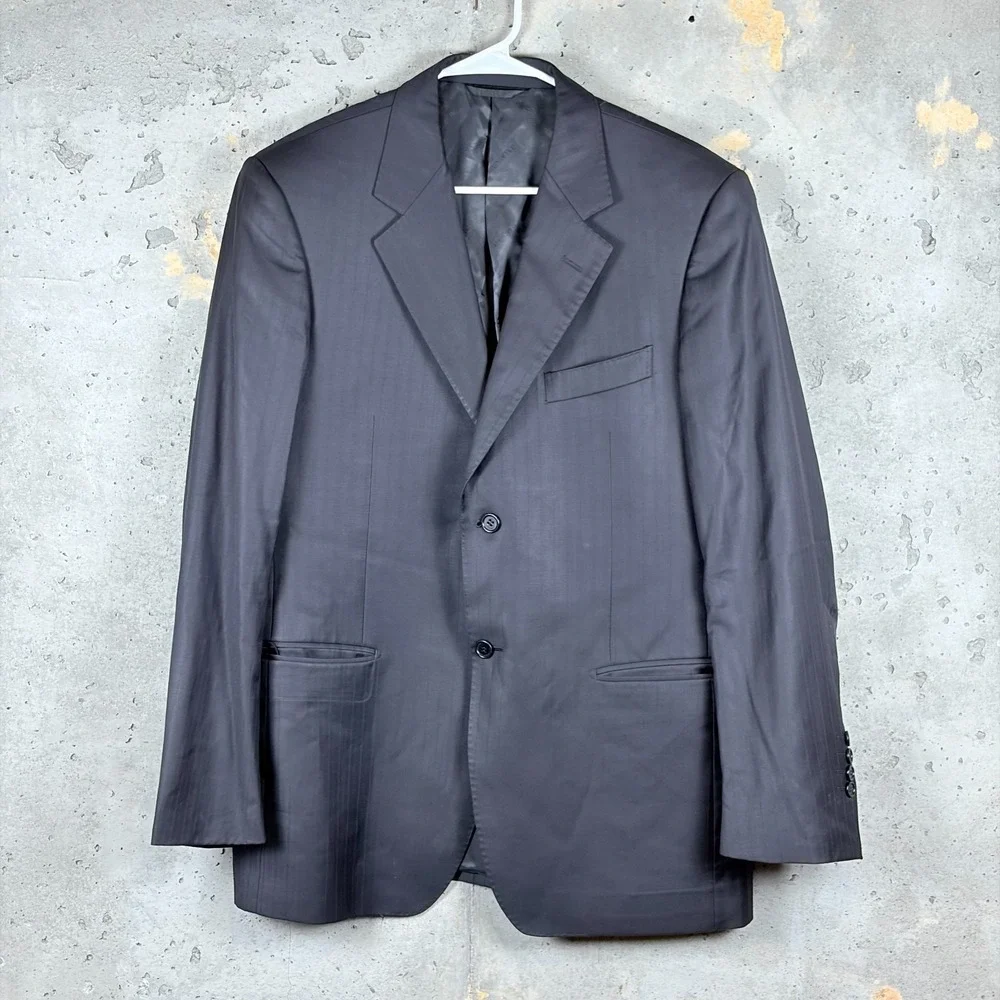 Balmain Mens Blazer Jacket 50 Navy Blue Striped Wool Silk Cashmere Single Breast